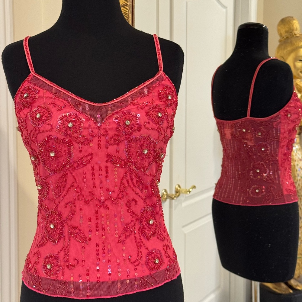 Beaded‎ shocking fuchsia hand beaded Spaghetti-Strap Women's Top new with tags.